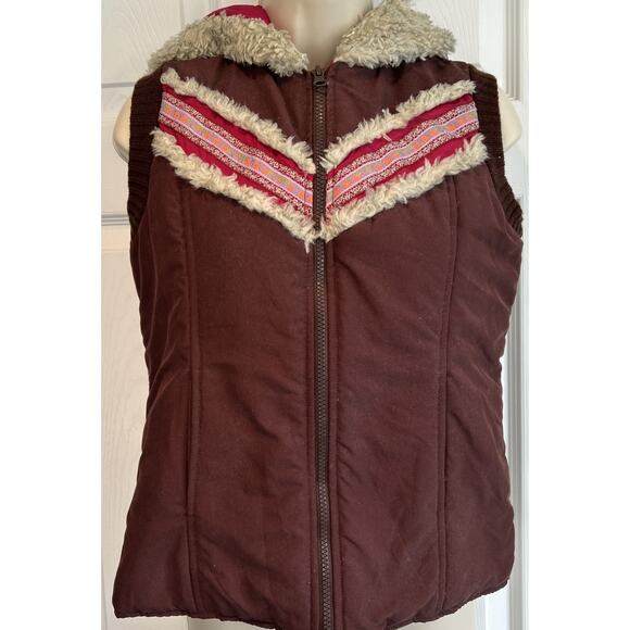 Free People Nordic Southwest Boho Brown And Purple Puffer Vest With Hoodie Sz ?? - Picture 3 of 12